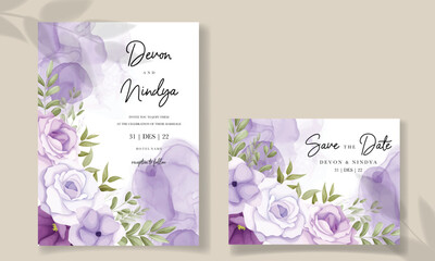 Elegant wedding invitation card with purple flower decoration