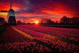 Fototapeta Tulipany - AI generated image of a beautiful garden with multicolored tulips at sunset, with a vintage windmill in the background 