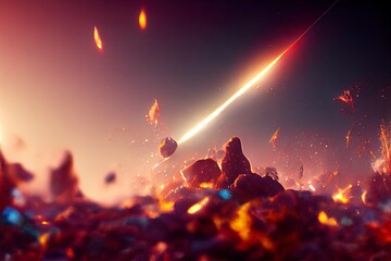 Meteor Impact On a planet - Fired Asteroid In Collision With Planet - Contain 3d Rendering. Background, concept art.