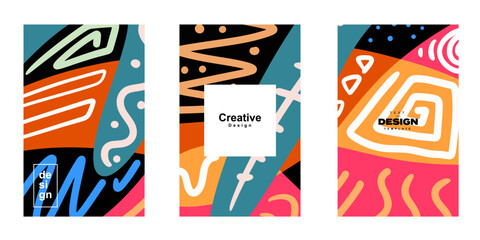 Aufkleber - Set of abstract trendy poster template design in ethnic style. Collection of retro modern illustration outline stroke pattern background