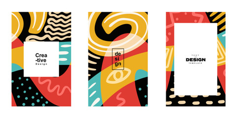 Aufkleber - Set of abstract trendy poster template design in ethnic style. Collection of retro modern illustration outline stroke pattern background