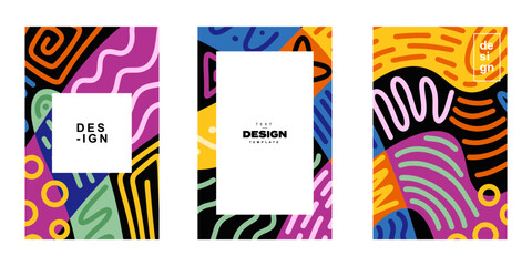 Aufkleber - Set of abstract trendy poster template design in ethnic style. Collection of retro modern illustration outline stroke pattern background