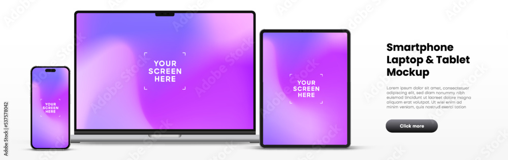 Modern laptop mockup front view and high quality smartphone and tablet ...