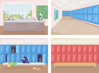 Wall Mural - School rooms flat color raster illustration set. Chemistry laboratory with equipment for experiments. Rows of lockers. Empty 2D cartoon interior with furniture on background collection