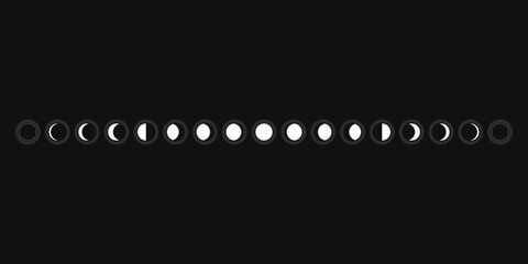 Wall Mural - moon phases sphere shadow cycle astronomy icon set. vector illustration black background