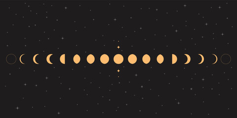 Wall Mural - moon phases sphere shadow cycle astronomy icon set. vector illustration black background