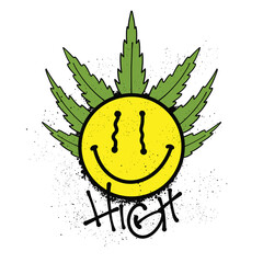 Urban Street art Marijuana Smile Emoticon with Slogan High for T shirt Design