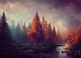 Fototapeta Na ścianę - Misty forest in autumn, beautiful nature scenery, green trees and meandering rivers, The scene of beautiful forest in the fall, foggy magical natural environment.