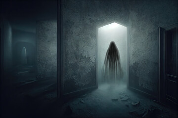 Wall Mural - Creepy ghost figure in mysterious glowing doorway, abandoned haunted house interior at night, horror story generative AI illustration