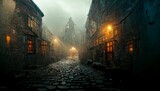 Fototapeta Uliczki - dark and moody narrow foggy street of cobblestone in a whimsical town.