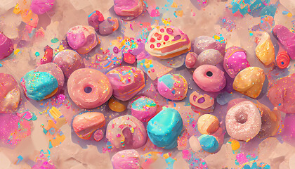 Donuts in rows of colors and tasty flavors. creative background of sweets and candies, colorful and delicious desserts