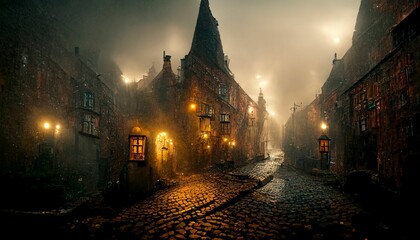 dark and moody narrow foggy street of cobblestone in a whimsical town.