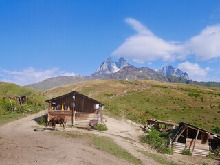 Wall Mural - Barn at Koruldi lakes, beautiful view of Great Caucasus mountains close to Mestia in Upper Svaneti, Georgia.