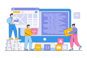Flat web and mobile application design process with designer and developer team concept. Outline style minimal vector illustration