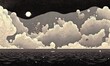 moonrise night by the sea. programmed hand drawn painting.