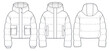 Hooded Puffer Jacket technical fashion Illustration. Cropped  Down Jacket technical drawing template, long sleeve, pocket, front and back view, white, women, men, unisex CAD mockup set.