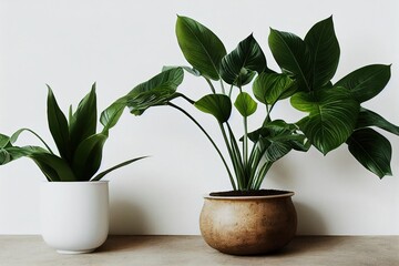 Wall Mural - Beautiful house plant in the pot set beside the wall with sun light shine in showing beautiful shadow on white empty wall. Background, mockup, backdrop, Green, houseplant decoration, Asian, Tropical.