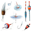  Set of Fishing Bobber is drawn on a white bright background and different patterns of floats