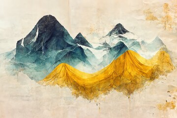 Sticker - Minimalistic mountain landscape with watercolor brush in Japanese traditional style. Wallpaper with abstract art for prints or covers. 3d artwork