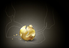 Broken Christmas Golden Ball With World Map And Human Hands Cleaning Up Broken Toy On Black Background. Conceptual Vector Illustration The Fragility Of Planet Earth.
