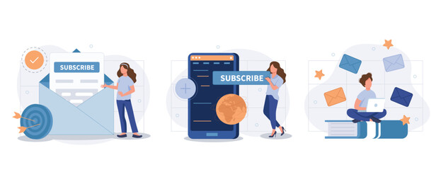 Wall Mural - E-mail marketing and promotion illustration set. Characters sending advertising mails and promotional offers with sales and discounts. Ecommerce business concept. Vector illustration