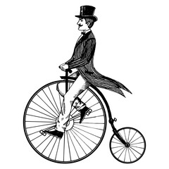 Man on retro vintage old bicycle engraving PNG illustration with transparent background