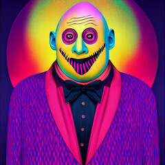 colorful humorous horror illustration of uncle fester addams bright vibrant colors, halloween background style, digital illustration.