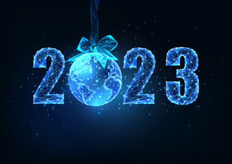 Wall Mural - 2023 New Year digital web banner template with futuristic glowing numbers and Earth globe on blue