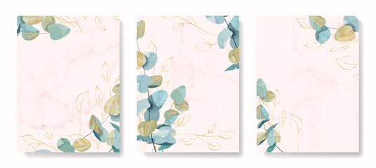 Luxurious watercolor set of prints with wedding invitations with eucalyptus branches and golden leaves. Botanical floral background for the design of covers, cards, invitations.