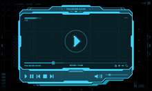 HUD Video And Sound Player Futuristic Screen Interface. Live Audio Player UI With Digital Navigation Bar Or Panels. GUI Futuristic Vector Display, SCI FI Music Control Panel Or Neon Blue Frame Buttons