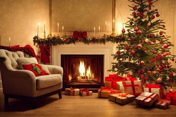 view of the room with a fireplace. festive decorations and a christmas tree.