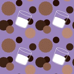 Cartoon cup of milk and cookie seamless doodle pattern for wrapping paper and kids clothes print and fabrics