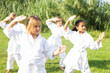 Focused tweenager girl mastering new karate moves during group class on green lawn in courtyard of sports school in summer