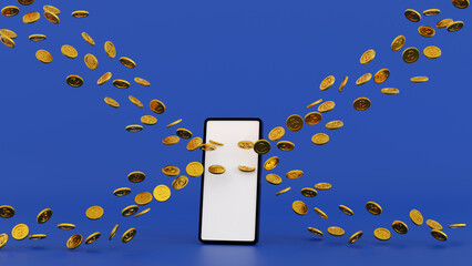 Wall Mural - Gold coin overflow from smartphone display, online business concept, 3D rendering.