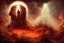 A Man Surrounded By Flames Of Hell Ascending To Heaven Gates From Hell With Devils And Angels. Religion Concept Of Redemption And Success After Suffering Pains. 3D Illustration And Halloween Theme.