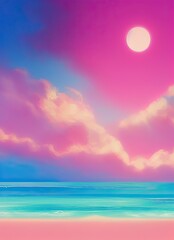 Beach horizon view of the tropical pink ocean and a clear sky, pink, blue, purple, vaporwave ocean, planet in space over the horizon, abstract illustration