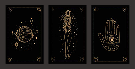 Wall Mural - Collection of magical illustrations. Tarot cards. Set of linear vector illustrations. Hand drawn celestial illustrations depicting sun, moon, planet. design elements for decoration in a modern style.