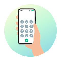 Wall Mural - hands with smartphone dialing. mobile touch screen phone with numbers pad, cellphone dial connection