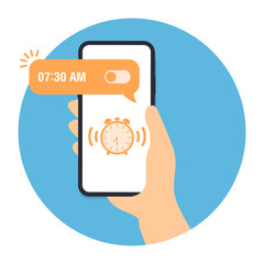 Wall Mural - mobile alarm clock reminder message notice to wake up vector, smartphone phone watch timer notificat