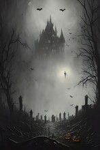 The Castle Is Draped In A Fog, With Only The Topmost Towers Reaching Into The Clear Night Sky. A Full Moon Casts An Eerie Light On The Scene Below, Where Ghosts And Ghouls Are Lurking Around Every Cor
