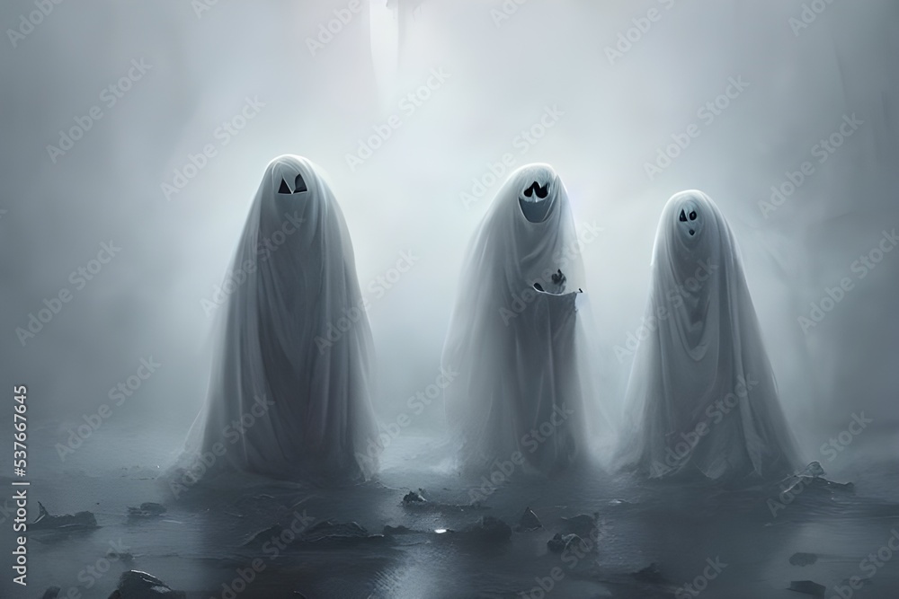 The Halloween scary ghosts are appearing in the sky. They are white and ...