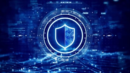 Leinwandbilder - digital technology concept cyber security data protection internet network connection. prominent shield in the middle of the HUD. Binary code connects polygons on dark blue background.