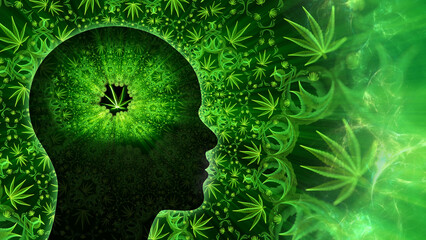 Cannabis leaf fractal art and human brain head silhouette. Fractal background also available separately - search for 483330836 in Images.