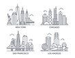 Set of linear icons of USA cities. New York, Chicago, Los Angeles, San Francisco. Sketches of popular cities in United States of America. Cartoon simple vector collection isolated on white background
