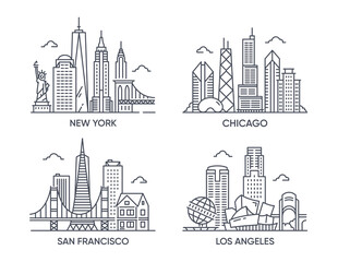 Set of linear icons of USA cities. New York, Chicago, Los Angeles, San Francisco. Sketches of popular cities in United States of America. Cartoon simple vector collection isolated on white background