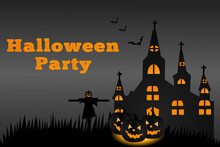 Halloween Party Background With Scarecrow, Pumpkins And Haunted House, Stock Illustration
