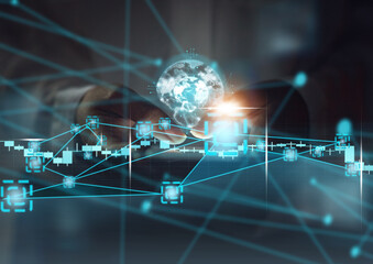 Poster - Networking, digital transformation and phone with hands of woman for global internet, communication and technology abstract. Social media, contact and innovation with data and globe cloud computing