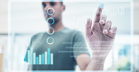 Aufkleber - 3D futuristic hologram screen with hand with graph and chart technology for digital marketing. Icon with future cyber cloud computing, digital transformation and internet iot network on web or ai
