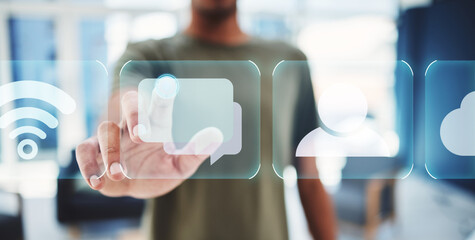 Poster - Hand, future and app hologram in digital innovation for business technology at the office. Hands pointing to futuristic virtual screen with icon applications for communication and social networking
