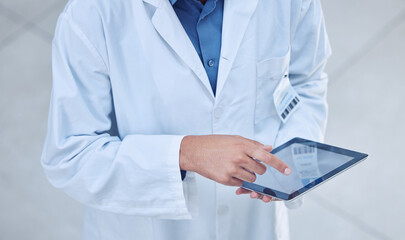 Canvas Print - Doctor hands, man and tablet mockup with test data analysis, lab information or healthcare insurance application. Zoom, medical trust and hospital worker and technology for wellness medicine research